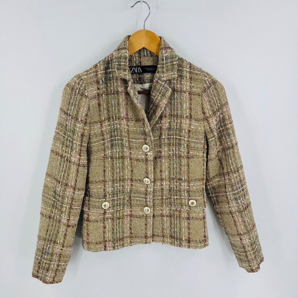 Zara Tan Pink Plaid‎ Tweed Blazer Gold Size XS Coquette Old Money Preppy